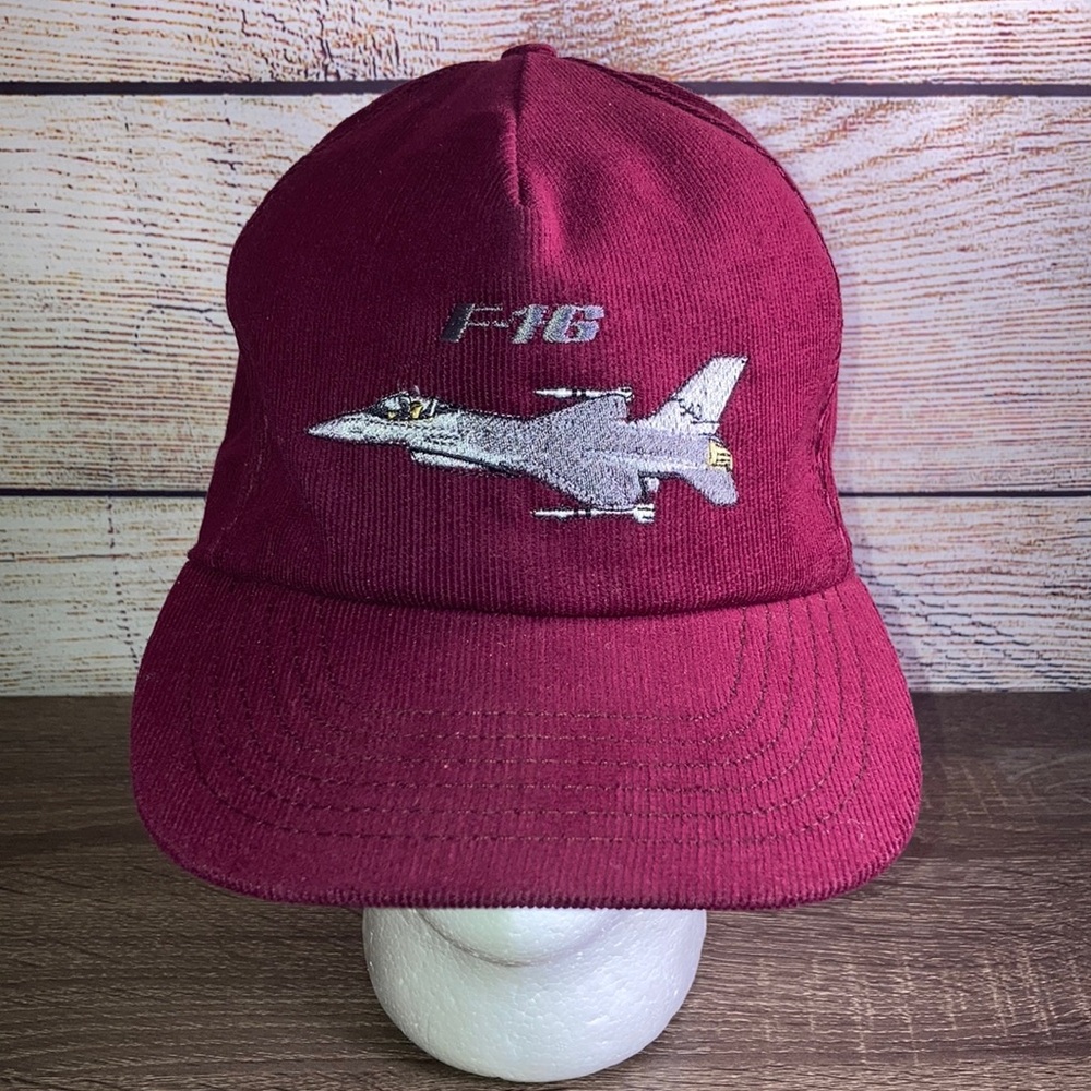 Vintage Burgundy Corduroy Snapback Hat One Size Made In USA F-16 Jet